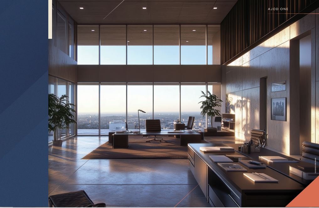 Spacious office interior with window view at Ajod Realty – Juhu