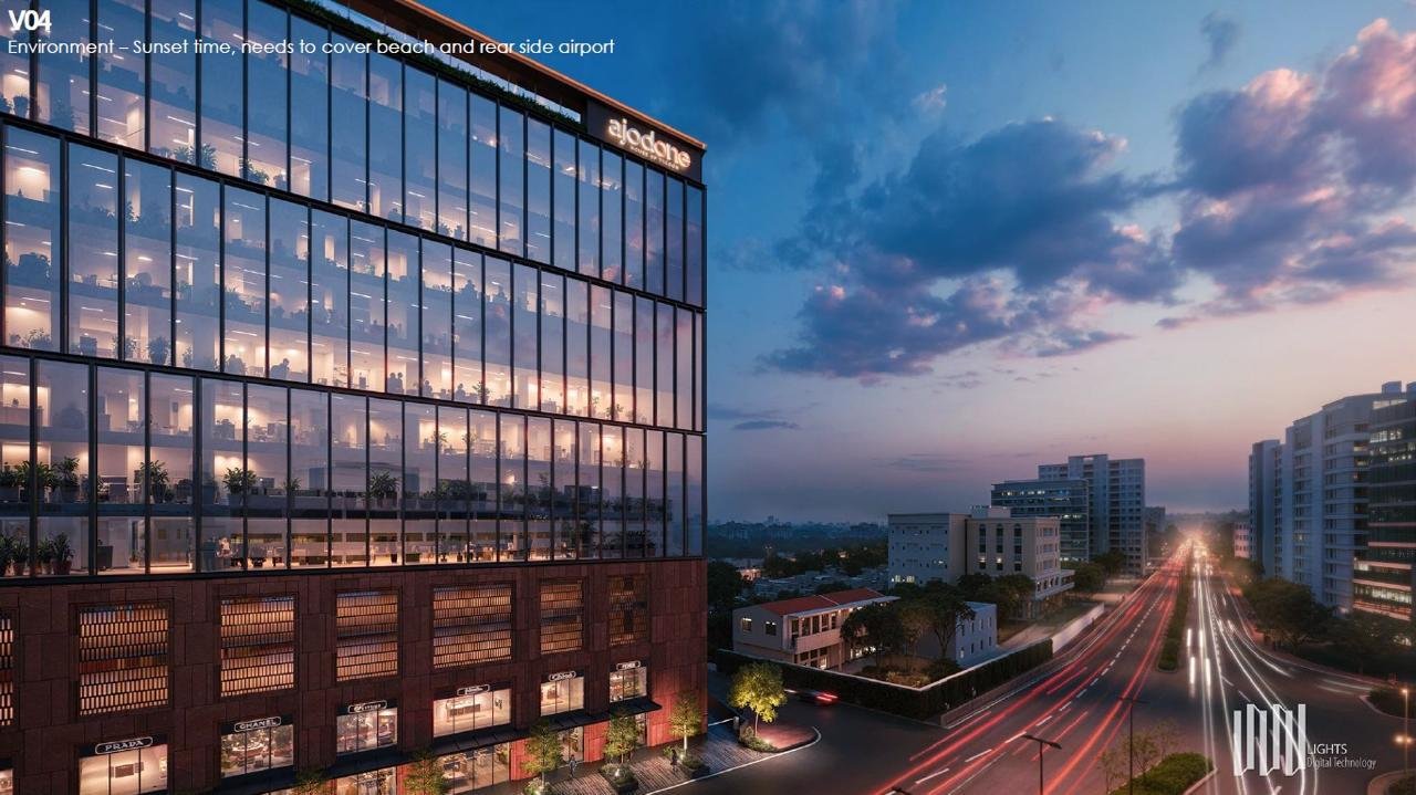 Night view of commercial building facing roads at Ajod Realty – Juhu